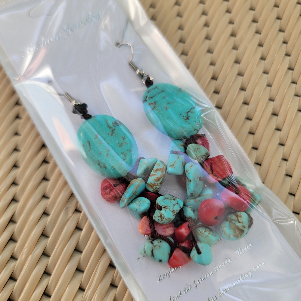 Turquoise and Red Beaded Earrings